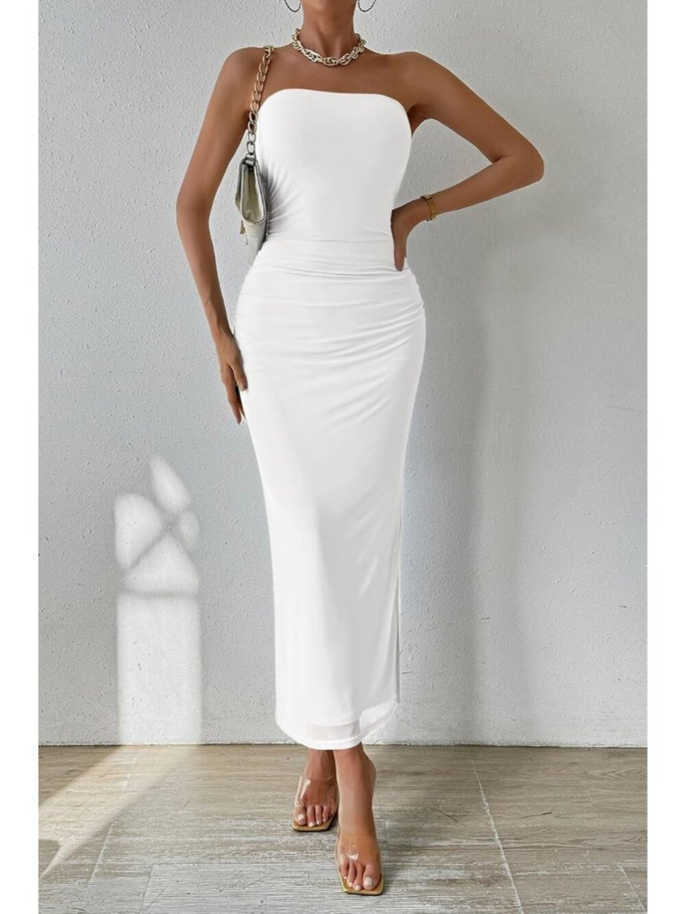 Women's White Strapless Bodycon Floral Maxi Dress Ruched Slit Party Gown - Picture 5 of 6